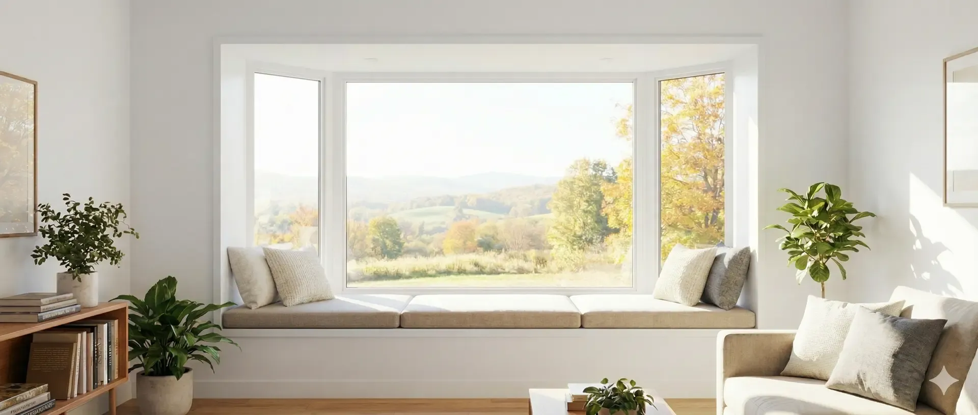 Interior view of a bright, modern living room featuring a large white bay window with an integrated bench seat cushion and accent pillows, offering a scenic view of rolling autumn hills, flanked by indoor house plants and neutral-toned furniture.