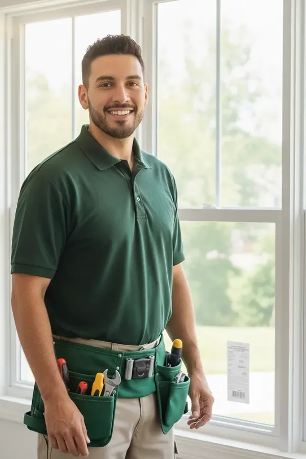 Portrait of a smiling male contractor or technician wearing a dark green polo shirt, beige trousers, and a green tool pouch belt filled with tools (screwdrivers, wrenches), standing indoors in front of a white double-hung window unit with grilles.