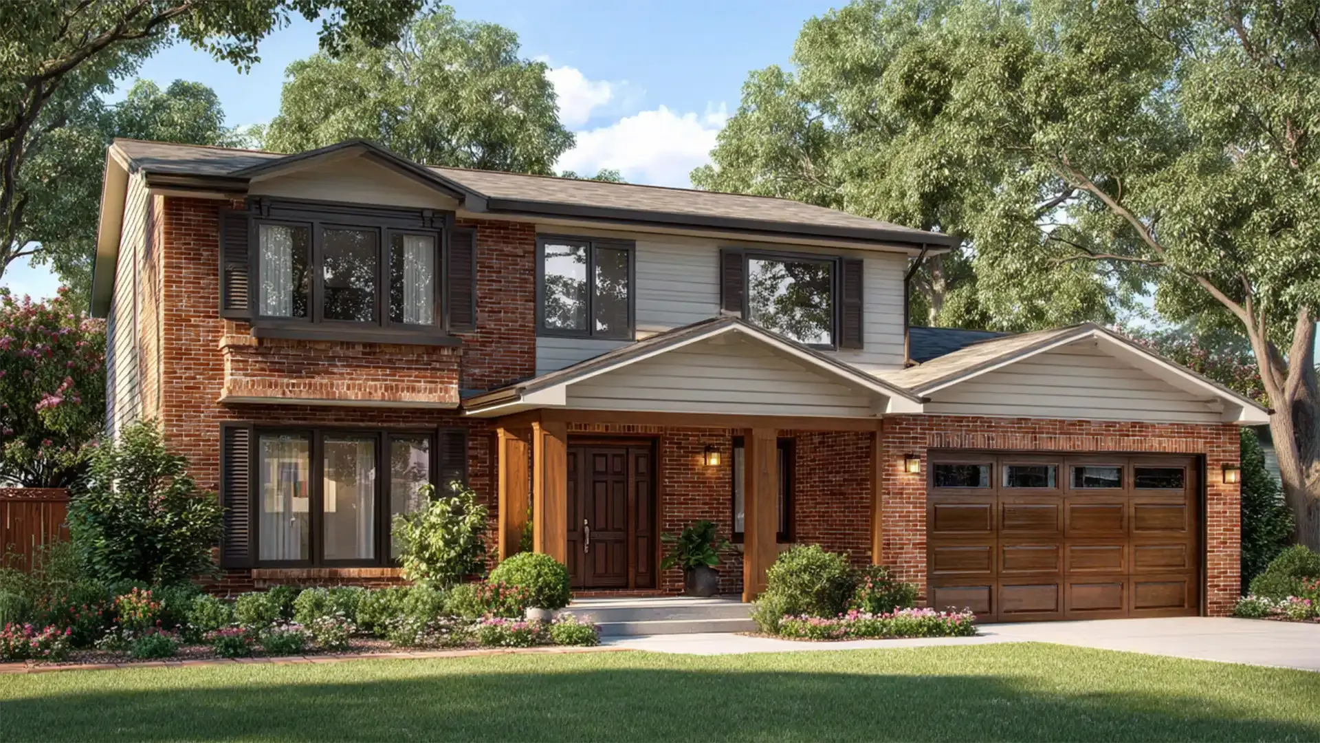 Exterior front view of a two-story suburban split-level home featuring red brick masonry on the lower level, light beige siding on the upper story and gables, and dark brown window frames with matching shutters. The entrance includes a covered front porch supported by warm wood columns, leading to a dark wood front door, alongside an attached two-car garage with matching paneling and glass inserts, framed by landscaped flower beds and mature green trees.