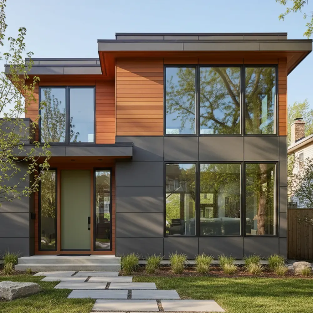 Exterior front view of a two-story modern house featuring dark grey composite wall panels on the lower level, warm wood horizontal siding on the upper story, large floor-to-ceiling dark-framed picture windows, and a light olive green front door with tall glass sidelights flanked by a stepping-stone lawn pathway.