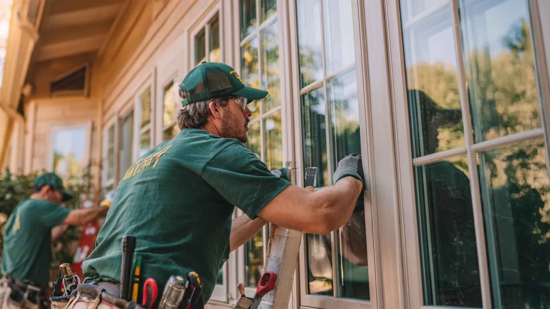 Exterior view of contractors in green shirts, safety glasses, and tool belts working on a ladder to install or adjust multi-pane vinyl windows with grilles on a home exterior.