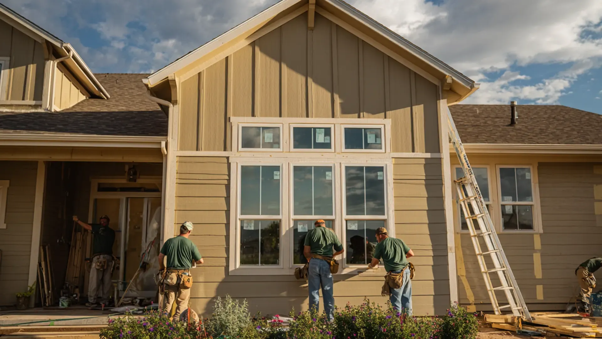 Exterior view of a home renovation project showing a professional remodeling crew in matching green shirts installing new energy-efficient double-hung windows with white frames on a beige two-story home.
