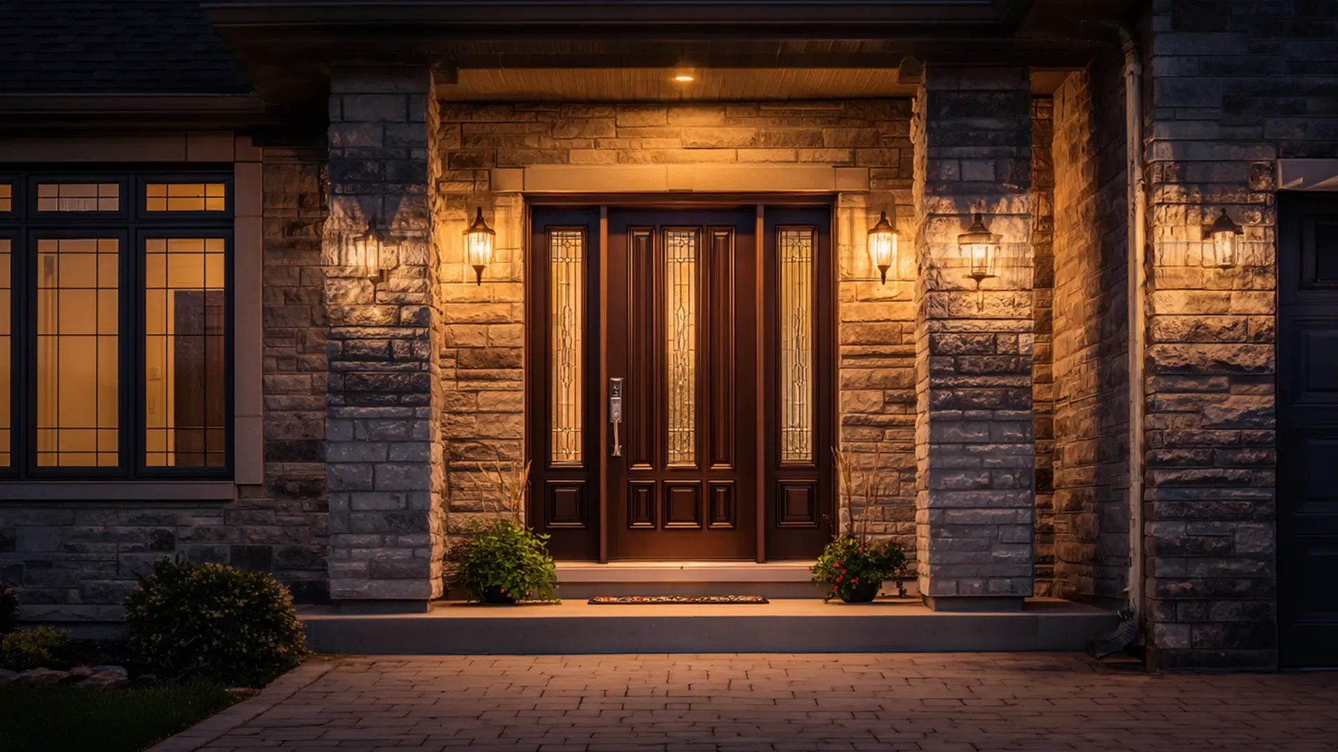 Evening front porch view featuring an elegant dark wood entry door with decorative leaded glass panels and matching full-length sidelights, illuminated by warm outdoor lanterns set against stone pillars and exterior walls.