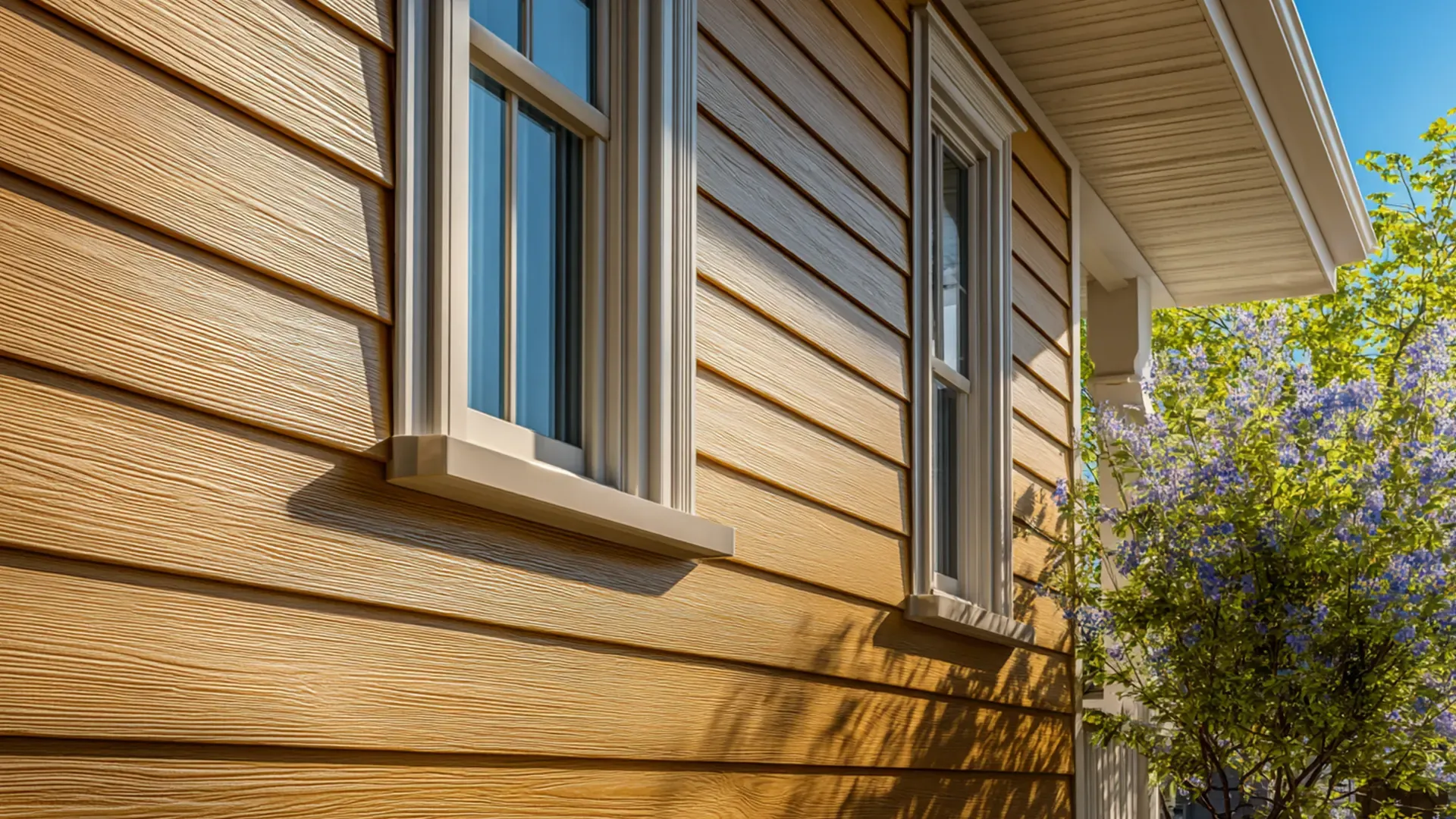 Close-up exterior view highlighting golden-oak woodgrain textured horizontal lap siding, framed by off-white decorative window casing, set beneath a wide soffit with flowering purple shrubs in the background.