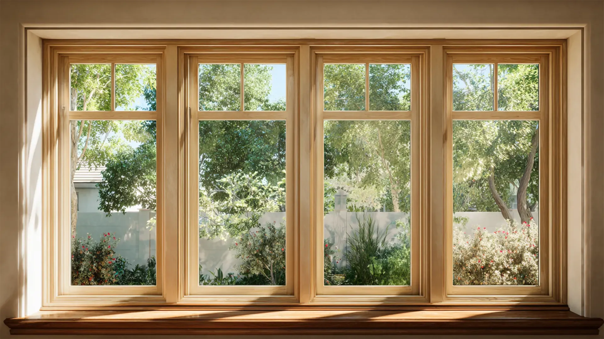### **`imgi_1_elite-remodeling-group-services-chicagoland-window-replacement.webp`** Interior view of a four-panel wooden bay or bow window with natural finish wood frames and a wide wooden sill, looking out onto a sunlit garden with lush green trees, flowering shrubs, and a perimeter fence.