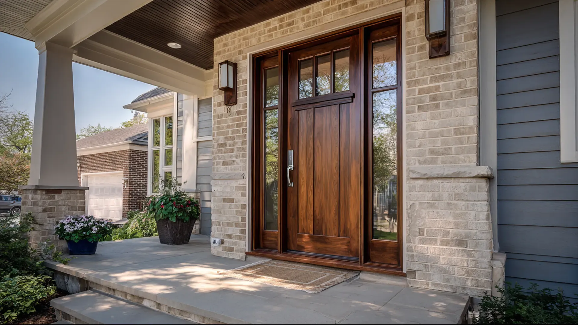 Exterior entryway view of a home featuring a dark wood front door with top glass window panes and full-height glass sidelights, set within a light-colored brick wall and a covered porch with stone flooring.