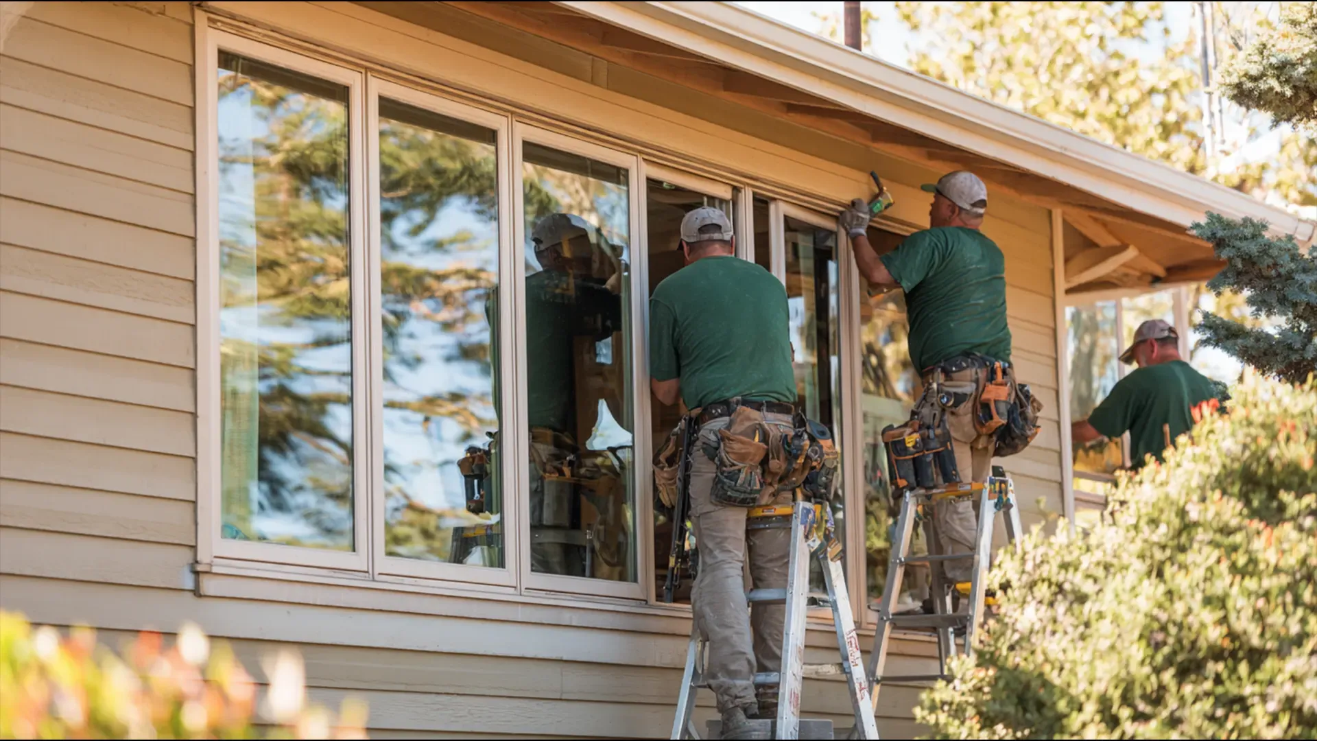 Exterior view of three construction workers wearing green shirts, work pants, and tool belts installing large, white-framed glass windows along the beige lap siding facade of a residential house. Two workers are positioned on step ladders adjusting and securing upper window frames, while a third worker works on the right section.