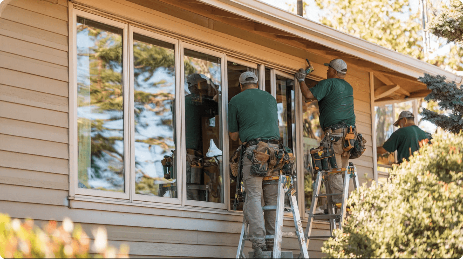 Exterior view of three construction workers wearing green shirts, work pants, and tool belts installing large white-framed glass windows along the beige siding of a home. Two workers stand on step ladders securing upper frames while a third works on the right.