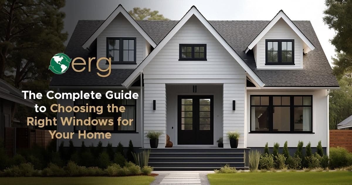 Promotional graphic featuring the ERG logo and text reading "The Complete Guide to Choosing the Right Windows for Your Home." The background displays a modern two-story white house with dark gray roofing, black window frames, and a black double front door set against a landscaped front yard.