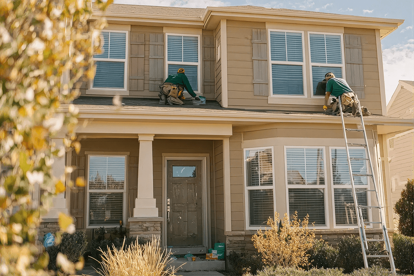 Exterior front view of a two-story beige home with stone veneer accents along the lower foundation and a covered porch. Two construction workers wearing green shirts and tool belts are working on the second-story roof extension, installing or inspecting upper double-hung windows, with an aluminum ladder propped up against the roof overhang on the right.