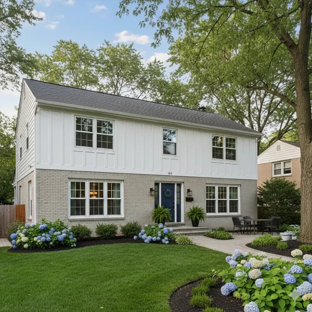 Exterior front view of a two-story home featuring a light grey brick lower level, white vertical board-and-batten siding on the upper story, a dark front door, and multiple white double-hung grid windows surrounded by green lawn, flower beds with blue hydrangeas, and mature trees.