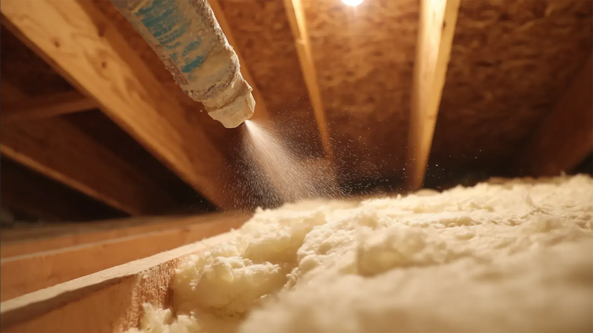 Close-up low-angle view inside an attic showing white loose-fill blown-in fiberglass insulation being sprayed onto the floor cavity from a flexible applicator hose nozzle under exposed wooden roof rafters.