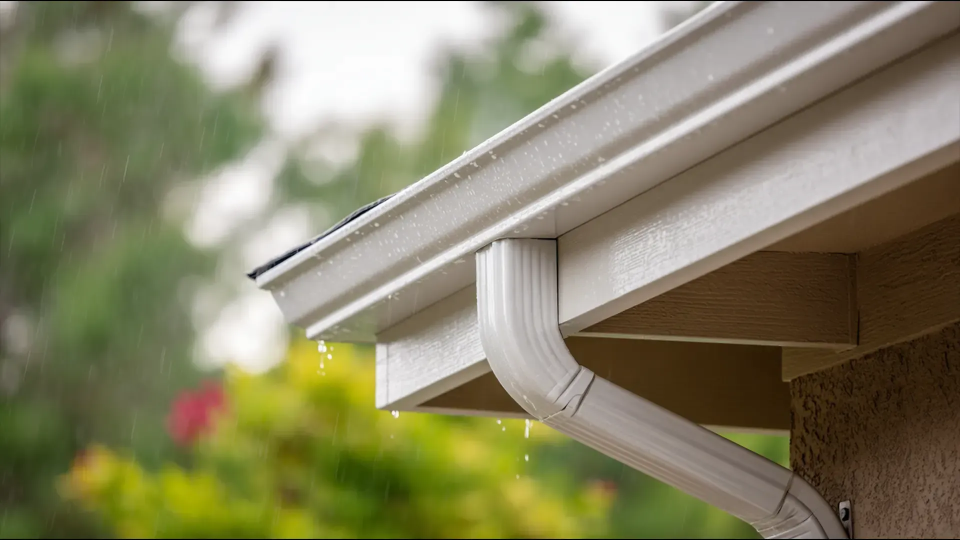 Close-up exterior view during a rainstorm showing a white seamless rain gutter and downspout elbow channeling water off a home's roof edge.