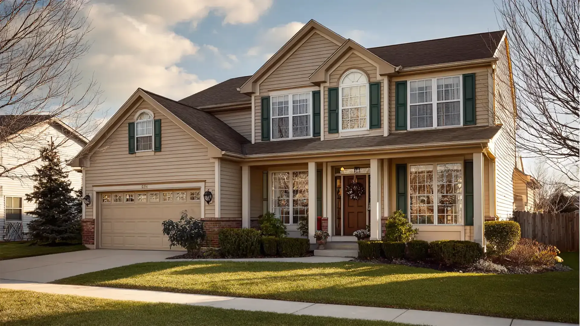 Exterior front view of a two-story beige suburban home featuring multi-gable roofs, beige horizontal lap siding, dark green shutters flanking white grid windows, an arched window in the upper central peak, a covered front porch with white columns framing a wooden front door, and an attached two-car garage set on a manicured green lawn with a concrete driveway and sidewalk.