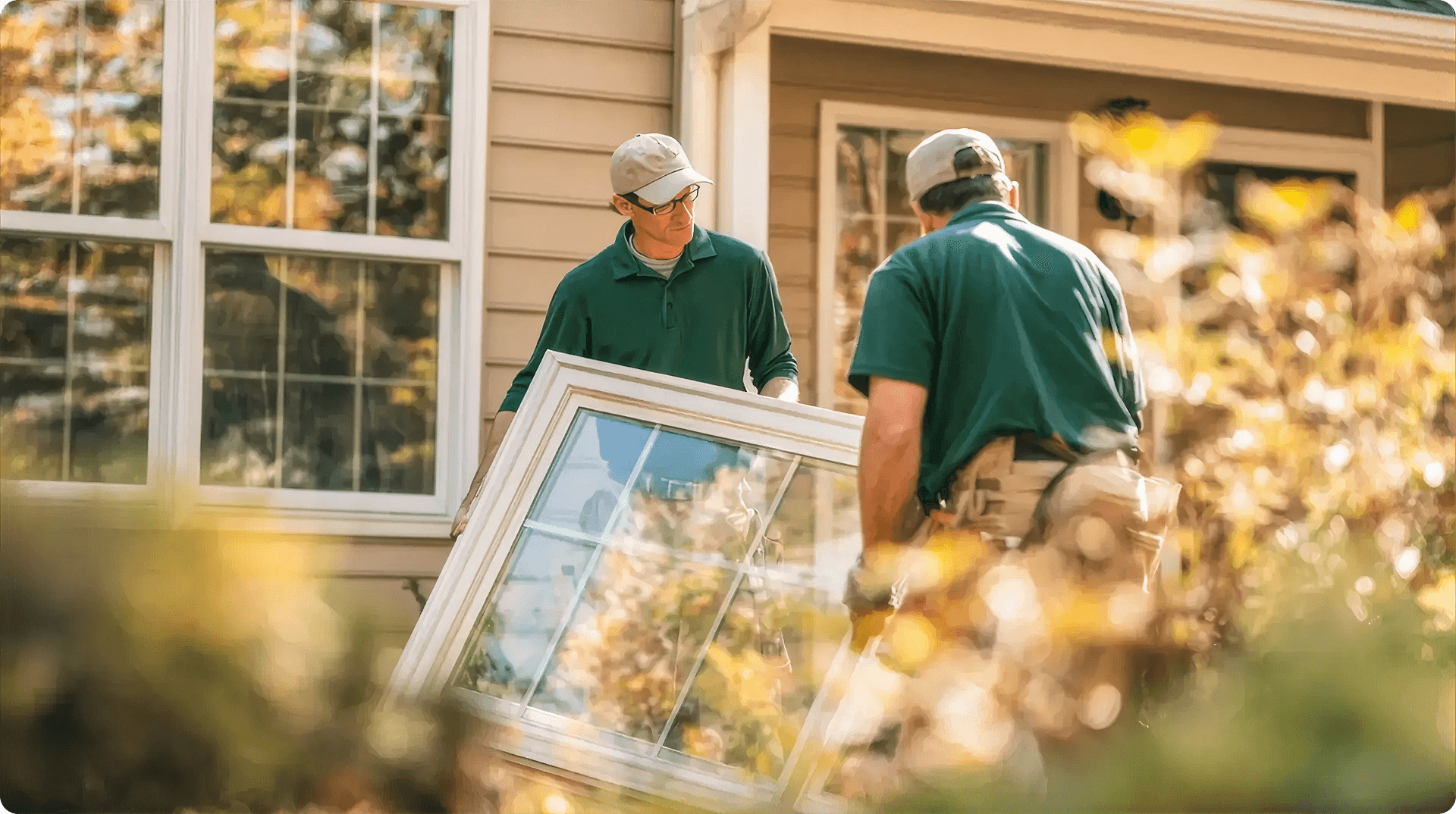 Exterior view of two contractors in green polo shirts and baseball caps carrying a large, white-framed grid window together across a residential yard during an installation project.