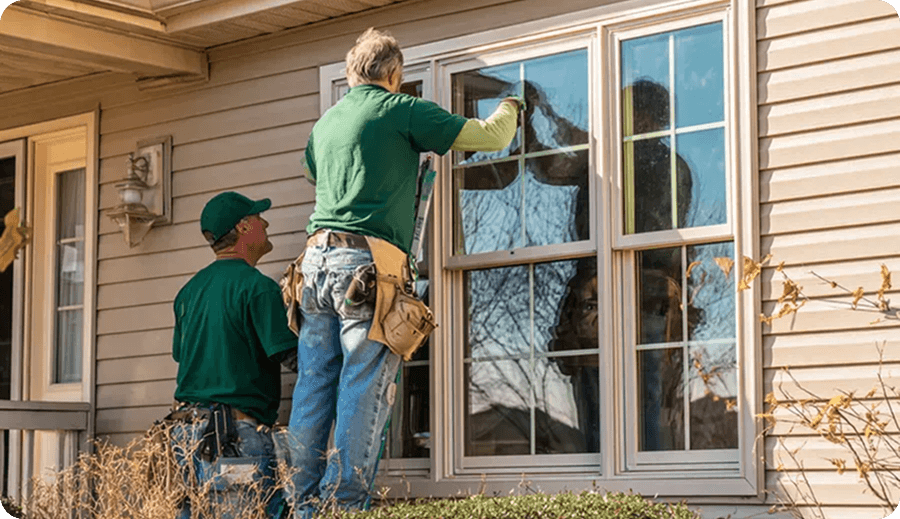 Exterior view of two technicians wearing green shirts and tool belts replacing a white-framed double-hung window on a beige-siding house. One worker stands on a step ladder working on the glass pane while the other stands below to assist.