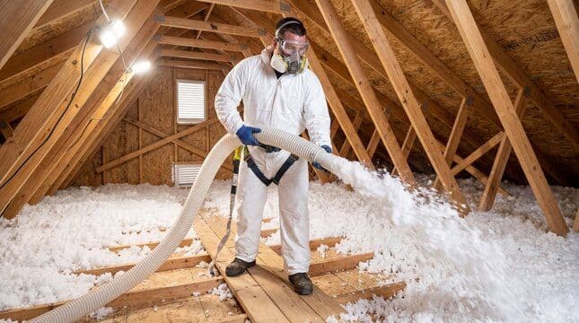 Worker in protective gear spraying insulation foam in attic between wooden roof beams