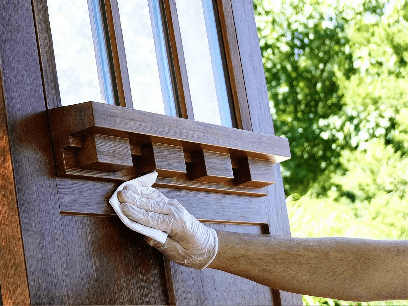 Close-up view of a person wearing a clear protective glove using a white cloth to wipe down a rich, dark-stained wooden door featuring an ornate Craftsman-style dentil shelf directly beneath vertical glass panes.